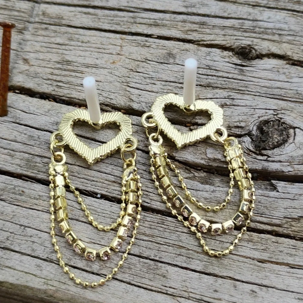 Golden Dangle Hearts Rhinestone post earrings - Picture 2 of 2